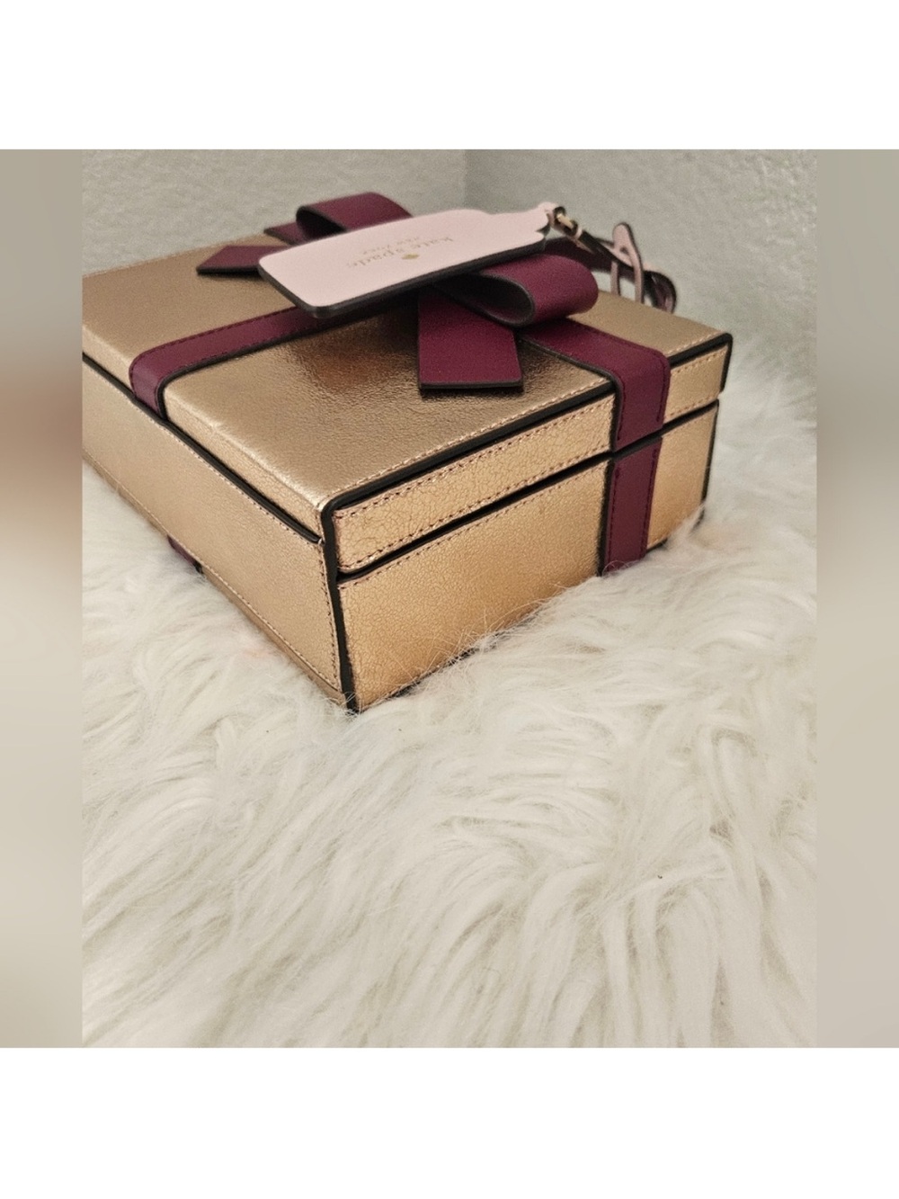kate spade Wrapping Party Metallic Gold Mini Box Bag with Burgundy Bow NWT - Picture 11 of 14